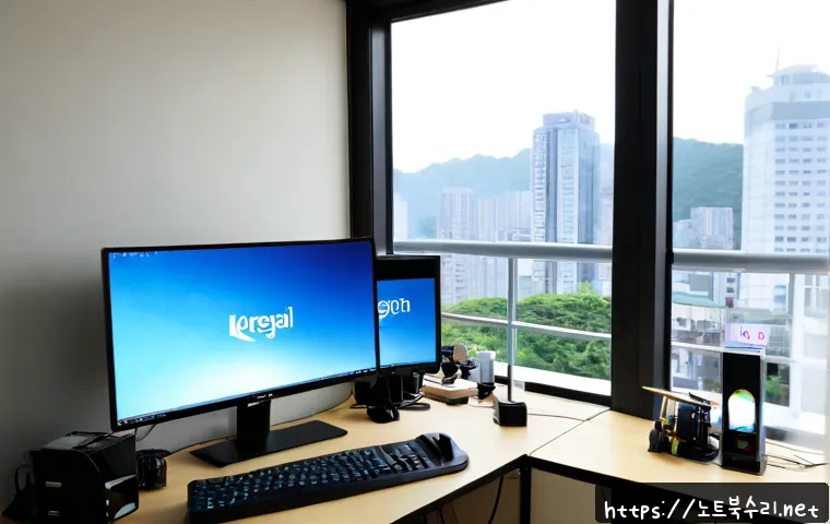 군자동 프리도스 윈도우설치 - Photorealistic desktop workstation in Gunja-dong, Seoul, during a clean operating system installatio...