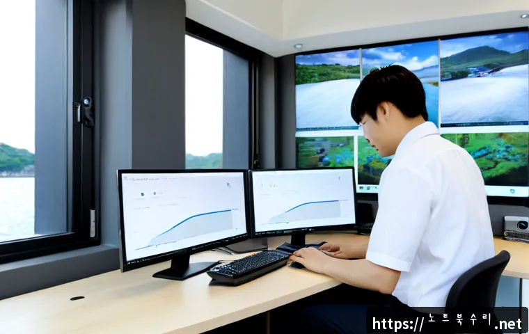 현암동 STATUS_FLOAT_OVERFLOW - Photorealistic remote-support workstation in a compact modern office near a quiet Korean riverside n...