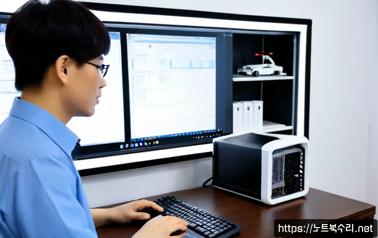 보산동 부팅안됨 - Photorealistic IT support desk in a compact Bosan-dong office, desktop workstation with a dark unres...