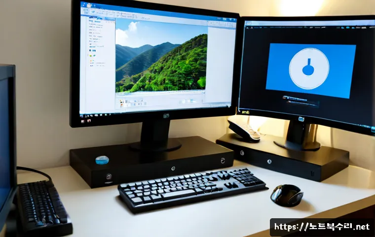 보문동 STATUS_FILE_IN_USE - Photorealistic remote-support workstation in a compact Bogmun-dong apartment office, dual monitors d...
