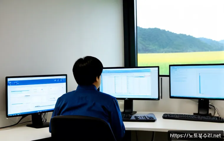 하성면 STATUS_KERNEL_THREAD_INTERRUPTED - Photorealistic remote-support workstation in a quiet Haseong-myeon office, dual monitors showing a f...