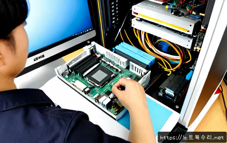 석우동 cpu조립 및 교체수리 - Photorealistic computer repair workstation in Seokwoo-dong, technician carefully installing a modern...