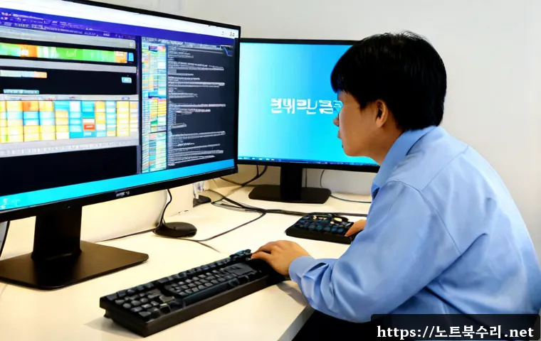 동인천 STATUS_MEMORY_VIOLATION - Photorealistic remote-support workstation in an older Dongincheon office near a modest harbor distri...
