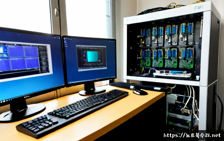 기안동 NMI_HARDWARE_FAILURE - Photorealistic electronics repair workstation in a compact Gyeonggi-do office, desktop tower opened ...