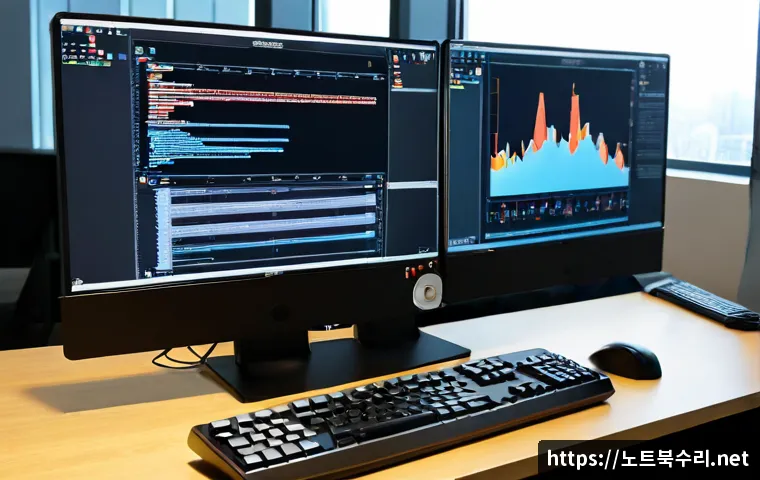 서초구 STATUS_KERNEL_PERMISSION_DENIED - Photorealistic software engineer workstation in a modern Seocho office tower, dual monitors showing ...