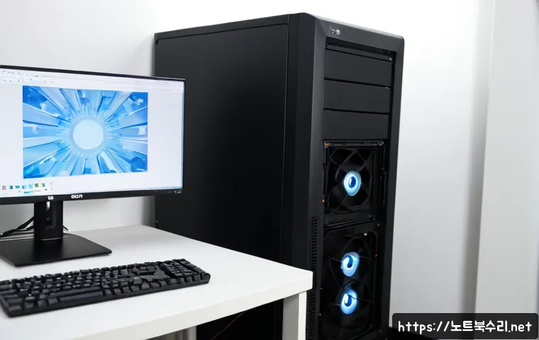 장수동 THREAD_STUCK_IN_DEVICE_DRIVER - Photorealistic IT support workstation in Jangsu-dong, dual-monitor desktop showing a frozen 3D CAD a...