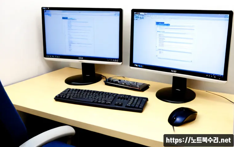 율정동 STATUS_FILE_IN_USE - Photorealistic IT support workstation in a compact Korean neighborhood office, dual monitors showing...