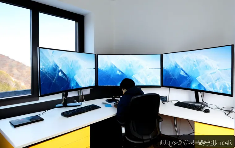 길음동 STATUS_MEMORY_OVERFLOW - Photorealistic IT support workstation in a compact apartment office near a hillside residential neig...