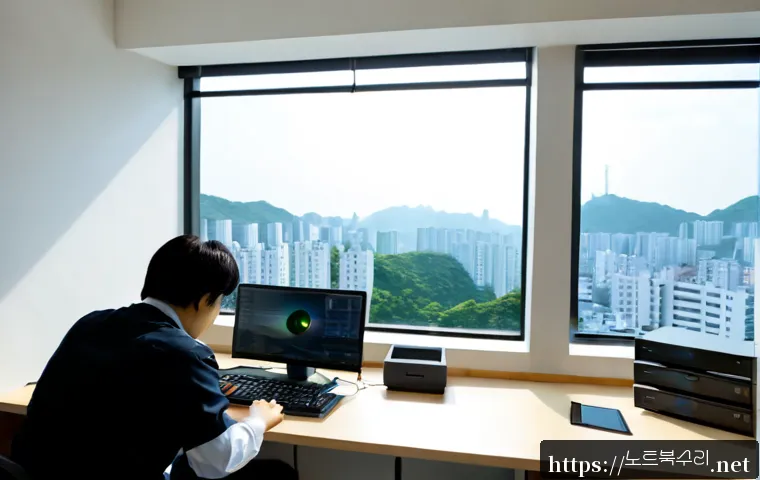 와동동 CDFS_FILE_SYSTEM - Photorealistic IT support workstation in a compact Wadong-dong apartment office, technician reviewin...