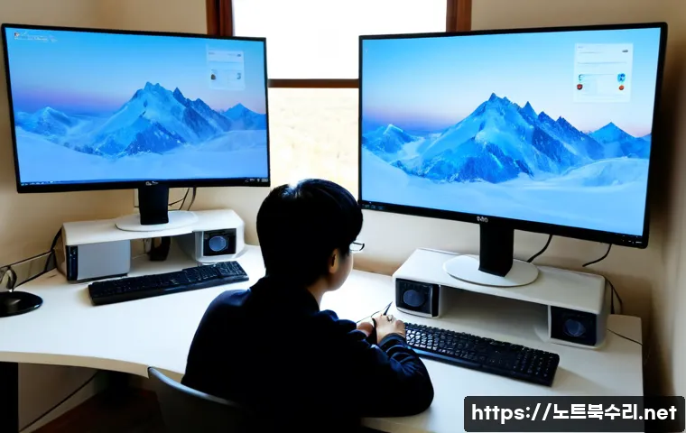 청운동 STATUS_KERNEL_MODE_EXCEPTION - Photorealistic IT support workstation in a quiet hillside home office, dual monitors showing a froze...