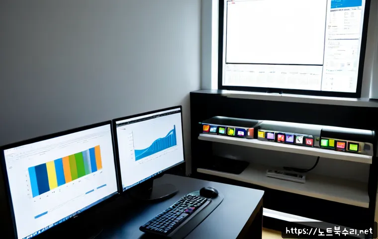 성석동 MEMORY_MANAGEMENT - Photorealistic high-end workstation in a quiet Seongseok-dong office studio, dual monitors showing a...
