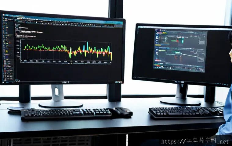 순화동 STATUS_INVALID_PAGE - Photorealistic software support workstation in a compact central Seoul office near Sunhwa-dong, dual...