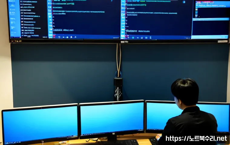 구월동 SYSTEM_SERVICE_EXCEPTION - Photorealistic IT support workstation in a modern Guwol-dong office tower, dual monitors showing a b...