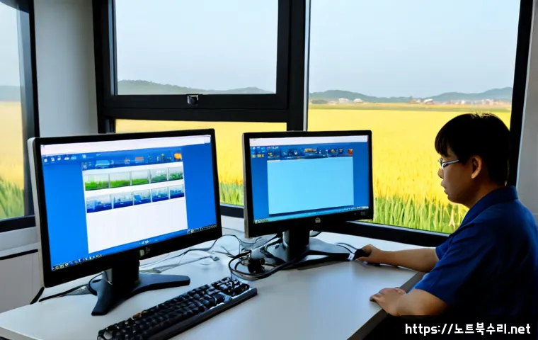 흥천면 SYSTEM_SERVICE_EXCEPTION - Photorealistic rural Korean engineering office at dawn, dual-monitor CAD workstation displaying a de...