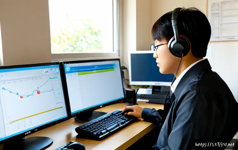 송북동 STATUS_INVALID_CALLER - Photorealistic IT support workstation in a quiet Korean suburban office, dual monitors showing a cle...