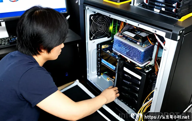 경동 쿨러조립 및 교체수리 - Photorealistic desktop PC repair workstation in a compact Gyeongdong neighborhood electronics shop, ...