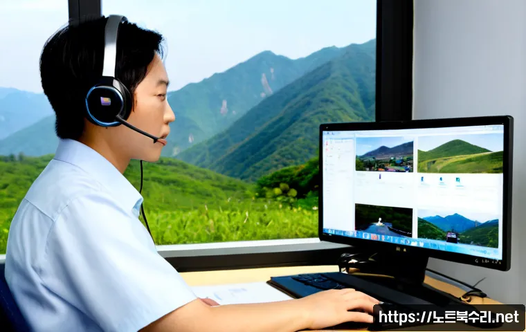 산북면 STATUS_FILE_IN_USE - Photorealistic remote-support workstation in a quiet rural Korean township office, dual monitors sho...