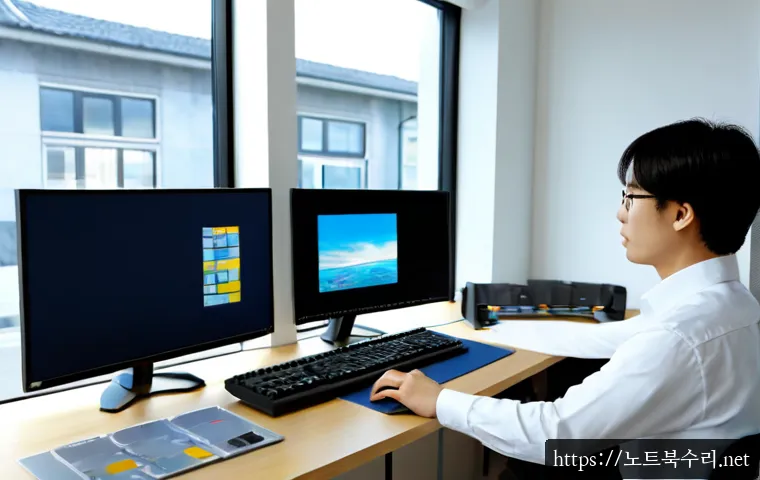 답동 STATUS_FLOAT_OVERFLOW - Photorealistic remote-support workstation in a compact coastal district office, dual monitors showin...