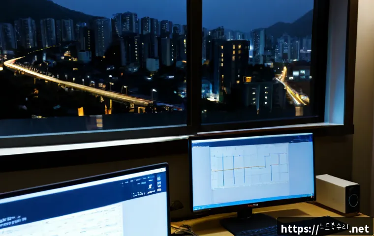 점봉동 STATUS_KERNEL_NETWORK_ERROR - Photorealistic IT support workstation in a compact apartment office, ultrawide monitor showing abstr...