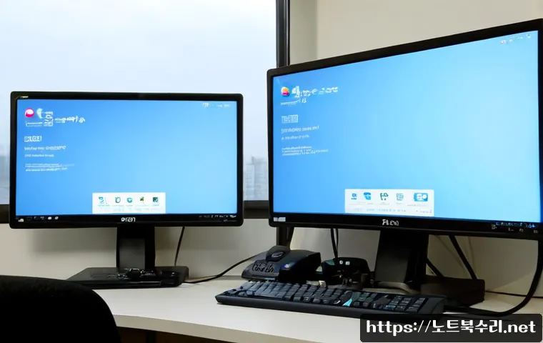 오야동 STATUS_KERNEL_THREAD_FAILURE - Photorealistic IT support workstation in a quiet Oya-dong apartment office, dual monitors showing a ...