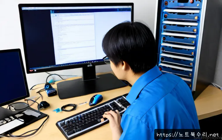 부평구 블루스크린 - Photorealistic IT technician diagnosing a desktop computer with a solid blue error screen, modern du...