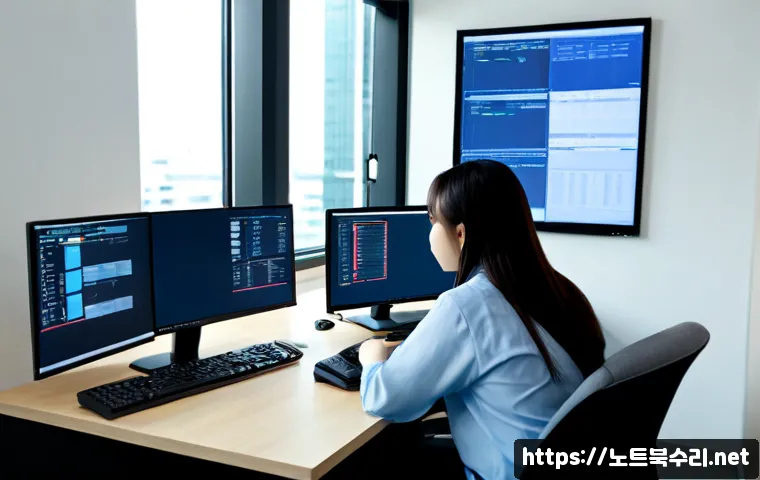 야당동 STATUS_INVALID_CALLER - Photorealistic IT support workstation in a modern Yadang-dong apartment office, dual monitors showin...