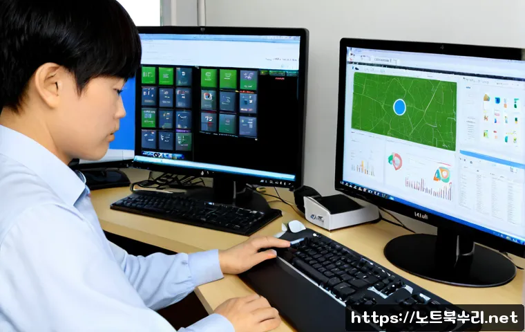 원삼면 PFN_LIST_CORRUPT - Photorealistic IT support workstation in a quiet rural Korean office near Wonsam-myeon, dual monitor...
