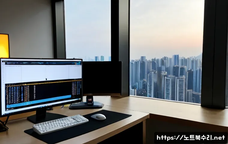 마전동 STATUS_KERNEL_POWER_FAILURE - Photorealistic IT support workstation in a modern apartment office, dual monitors showing a blank da...