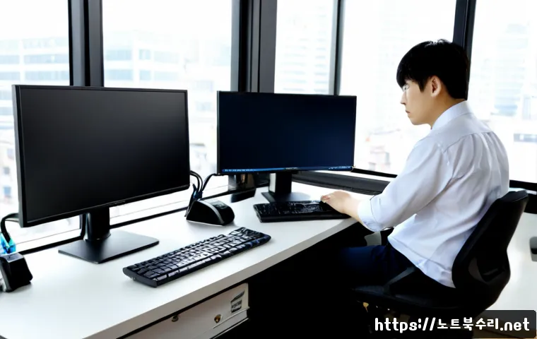 미근동 STATUS_PRIVILEGED_INSTRUCTION - Photorealistic IT support workstation in a compact Migun-dong office, dual monitors showing a clean ...