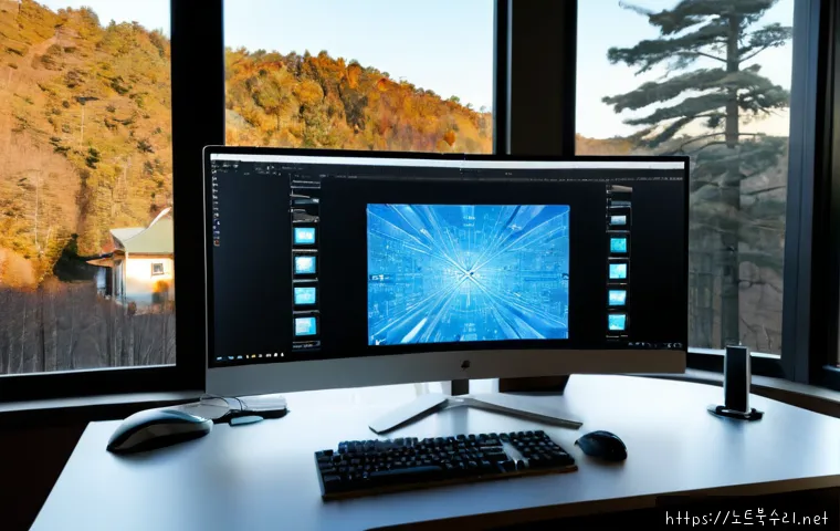평창동 KERNEL_MODE_HEAP_CORRUPTION - Photorealistic premium workstation in a quiet hillside residence, dual monitors showing a frozen abs...