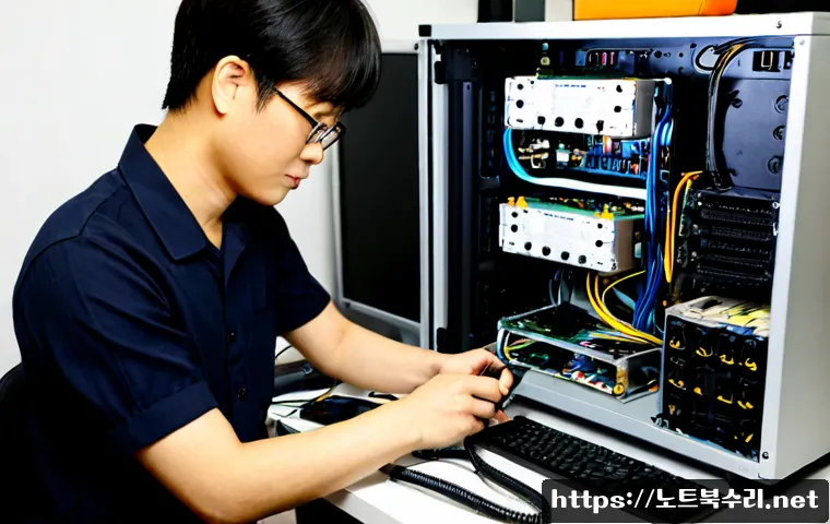 다동 파워조립 및 교체수리 - Photorealistic electronics repair workstation in a compact Da-dong office, technician carefully repl...