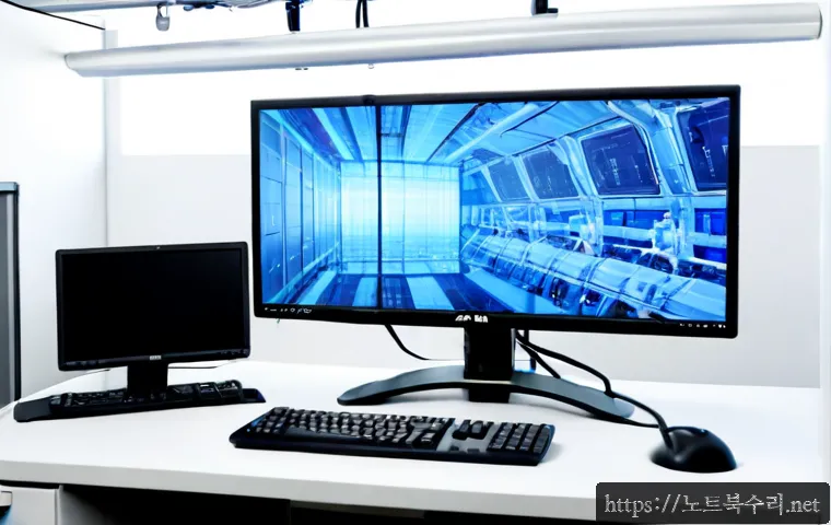 안산시 DRIVER_POWER_STATE_FAILURE - Photorealistic engineering workstation in Ansan industrial district, dual monitors showing a frozen ...