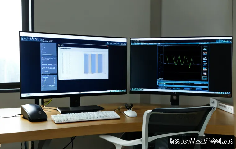 귀인동 STATUS_RESOURCE_NOT_OWNED - Photorealistic IT support workstation in a quiet Gwiin-dong apartment office, dual monitors showing ...