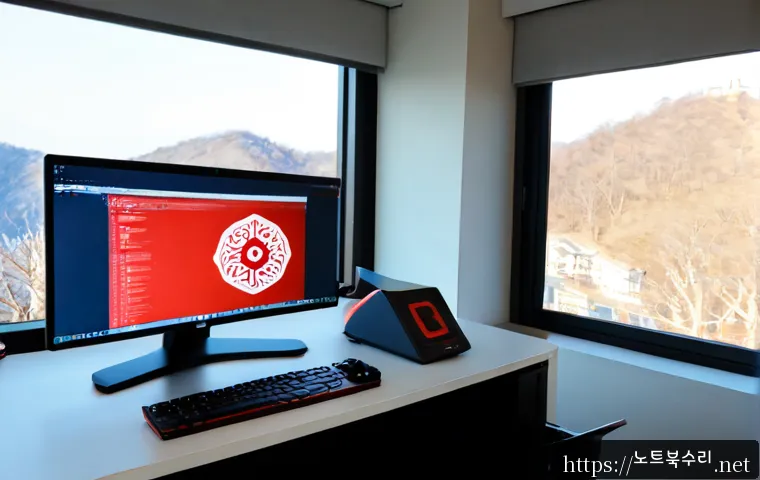 상현동 STATUS_INSUFFICIENT_RESOURCES - Photorealistic IT support workstation in a modern Sanghyeon-dong apartment home office, dual monitor...