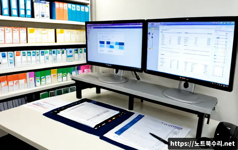 방산동 STATUS_STACK_OVERFLOW - Photorealistic remote-support workstation in a compact Bangsan-dong print-supply office, dual monito...