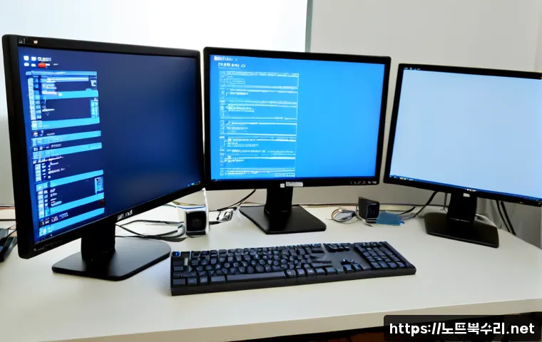 봉양동 PAGE_FAULT_IN_NONPAGED_AREA - Photorealistic IT support workstation in a quiet Korean neighborhood office, dual monitors showing a...