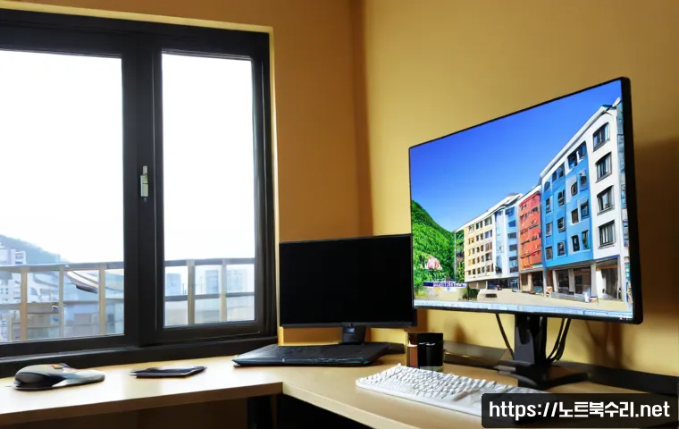동원동 STATUS_IMAGE_CORRUPTION - Photorealistic remote-support workstation in a compact Dongwon-dong apartment office, dual monitors ...