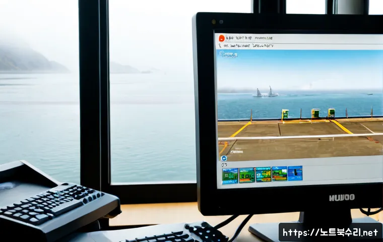 무의동 DRIVER_CORRUPTED_EXPOOL - Photorealistic remote IT support workstation on Muuido Island, dual monitors showing a blank system ...