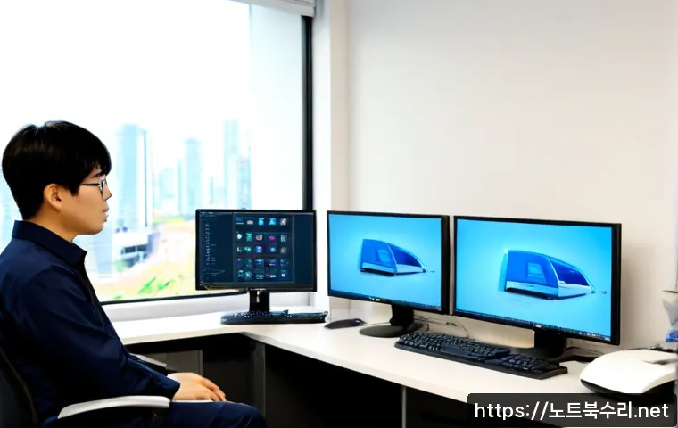 구래동 ATTEMPTED_EXECUTE_OF_NOEXECUTE_MEMORY - Photorealistic IT support workstation in a modern Gurae-dong office, dual monitors showing abstract ...