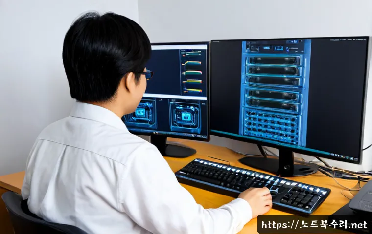 군포시 케이블연결확인 - Photorealistic IT support workstation in a compact Gunpo apartment office, technician carefully rese...