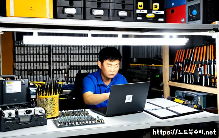 성수동 맥북프로 판매 및 수리 - Photorealistic premium laptop repair bench in a compact Seongsu-dong electronics workshop, technicia...