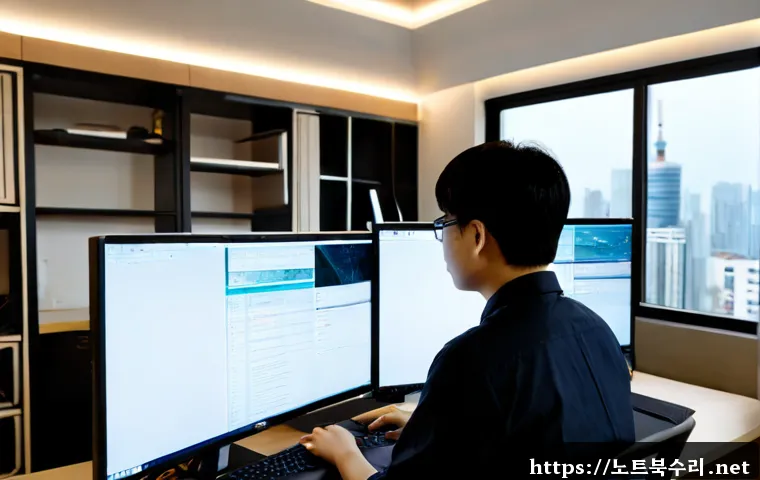 동소문동 STATUS_MODULE_CORRUPTION - Photorealistic IT support workstation in a compact Dongdaemun-area office, dual monitors showing a n...