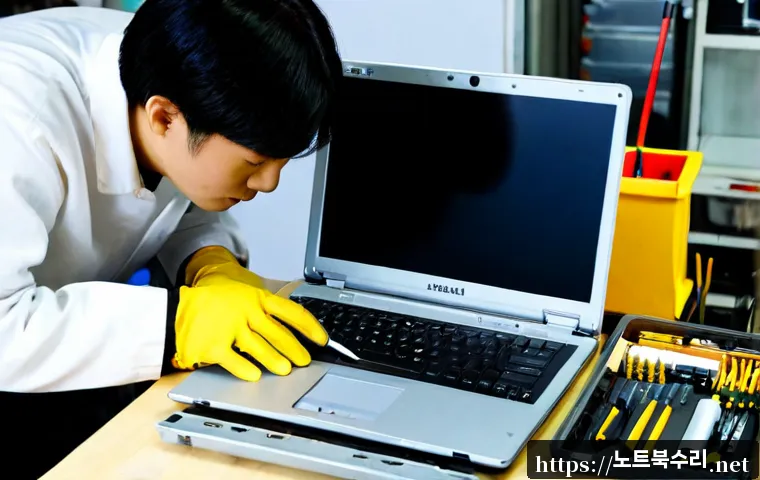 군문동 맥북에어 판매 및 수리 - Photorealistic compact laptop repair counter in a quiet Korean neighborhood, slim silver ultraportab...