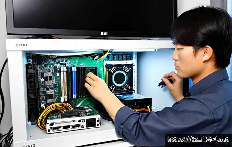 회현동 하드조립 및 교체수리 - Photorealistic computer repair workstation in Hoehyeon-dong, technician carefully installing a new g...