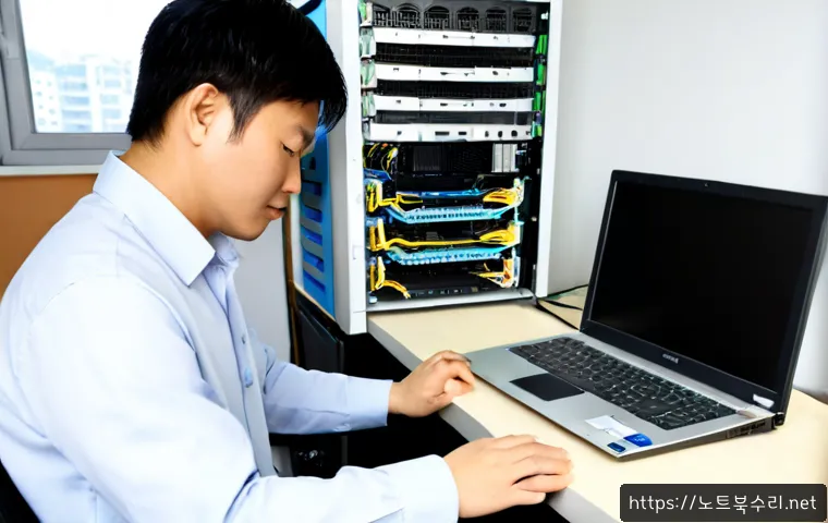 성내동 서버출장방문수리점 - Photorealistic IT technician performing an on-site server repair in a compact Seongnae-dong office, ...
