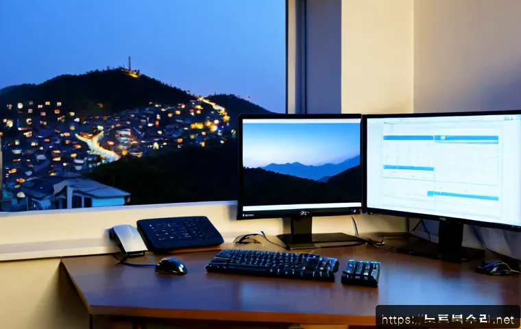 둔대동 STATUS_MEMORY_VIOLATION - Photorealistic remote-support workstation in a quiet Dundae-dong apartment office, dual monitors wit...
