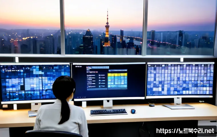 삼평동 STATUS_FILE_CORRUPTION - Photorealistic Pangyo office workstation at dusk, dual monitors showing a blank project dashboard wi...