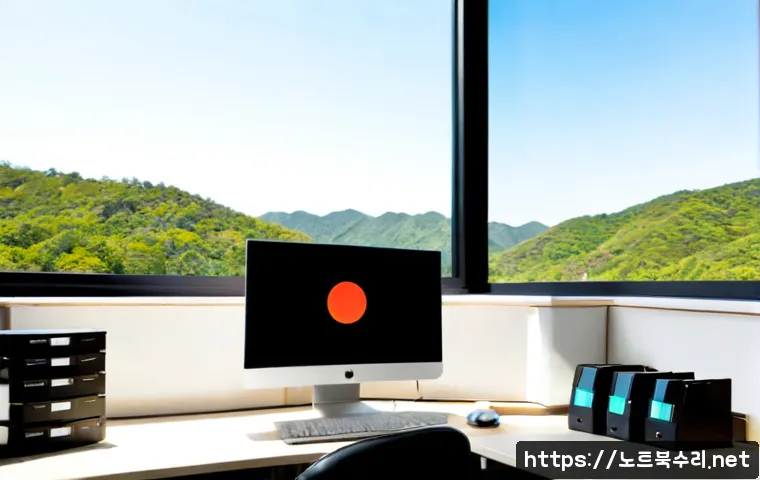 벽제동 STATUS_FILE_READ_FAILURE - Photorealistic IT support workstation in a quiet suburban office near low wooded hills, dual monitor...