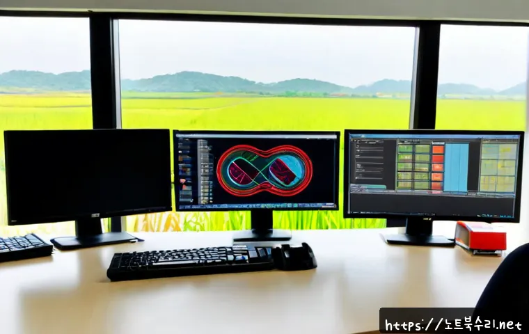 능서면 STATUS_INSUFFICIENT_RESOURCES - Photorealistic rural office workstation in Neungseo-myeon, a support technician studying a dual-moni...