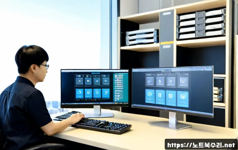 가산동 STATUS_FLOAT_INEXACT_RESULT - Photorealistic IT support workstation in a modern Gasan digital-complex office, dual monitors showin...